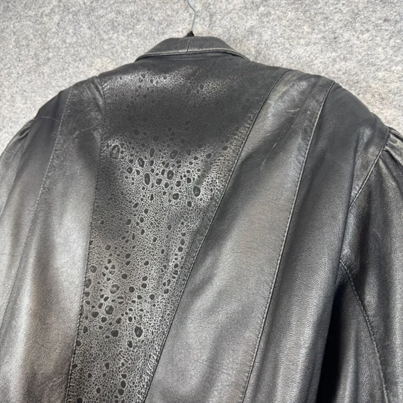 Vintage 80s Black Leather Bomber Jacket Women Oversized Puff Sleeve Retro Grunge - Picture 14 of 16